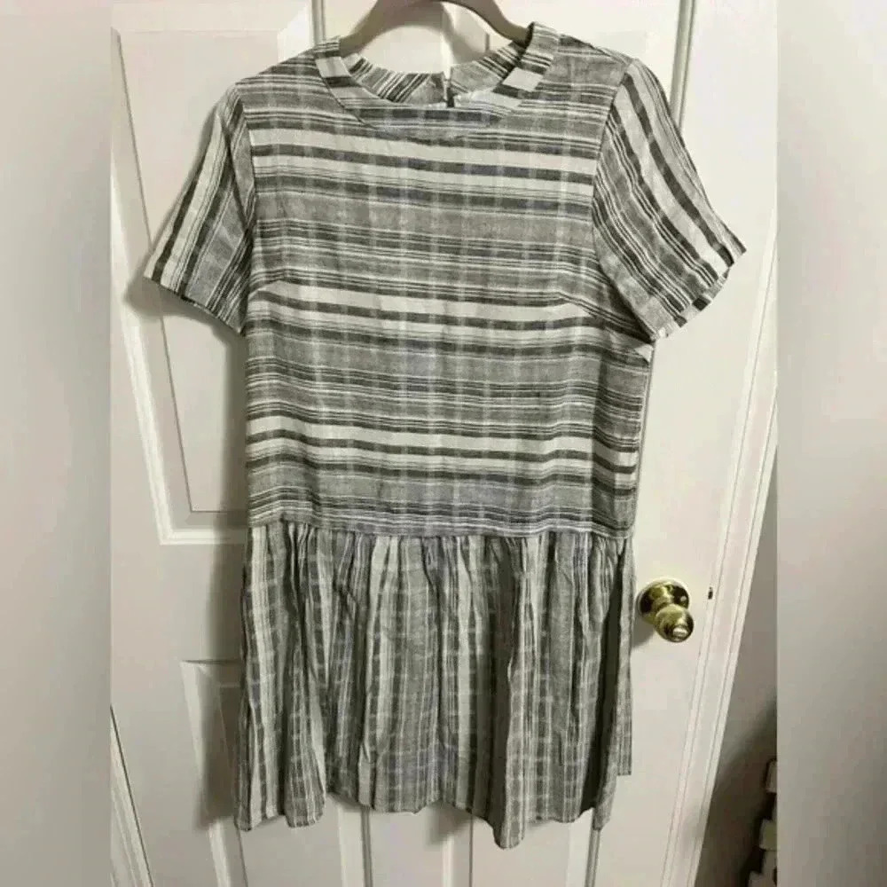 Mod Ref Striped Dress Gray Ivory Linen Babydoll Lined S